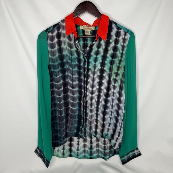 Billy By Flying Tomato Multi-Colored Sheer Blouse L Green Orange Tie Dye Boho - Picture 1 of 3